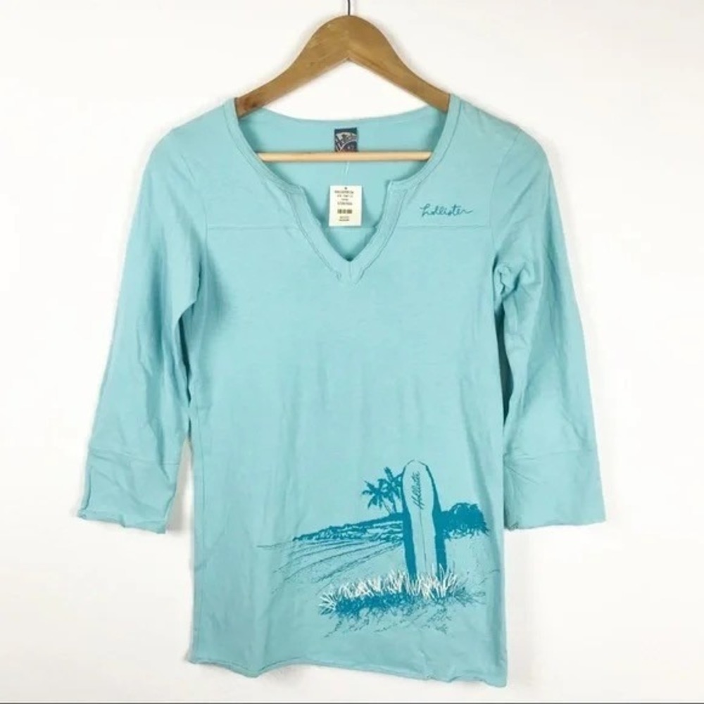 Y2K‎ Hollister Blue Surf Graphic V-Neck 3/4 Sleeve Tee Small NWT